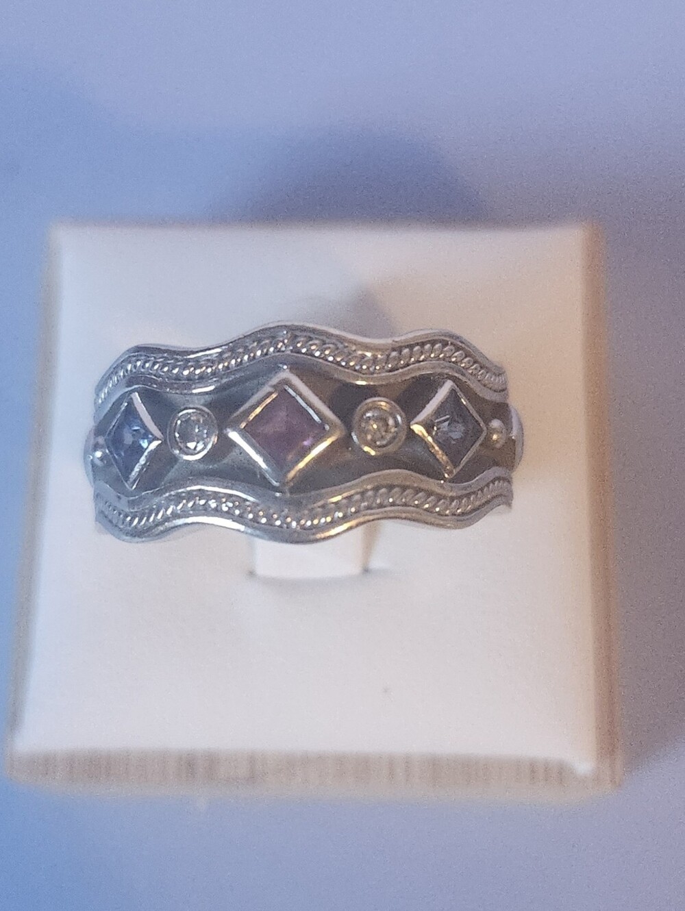 IJM Etruscan Style 14k White Gold Tourmaline Sapphires & Diamonds Ring 12.8 Gram